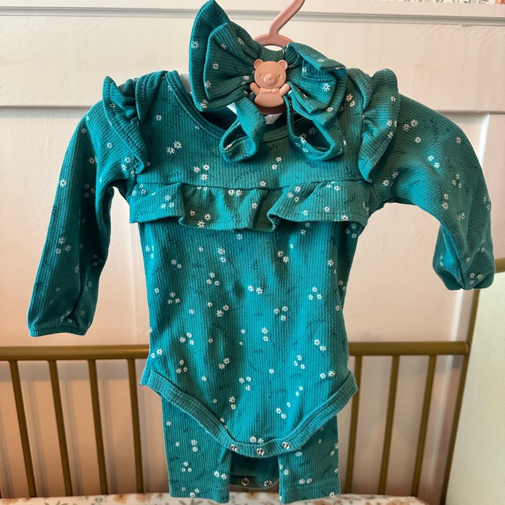 Teal Floral Baby Onesie with Headband